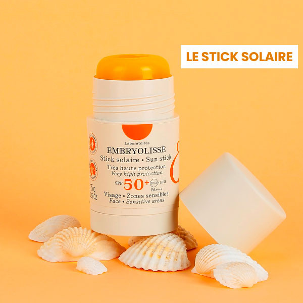 box avantages peau satinée stick solaire SPF50+ embryolisse