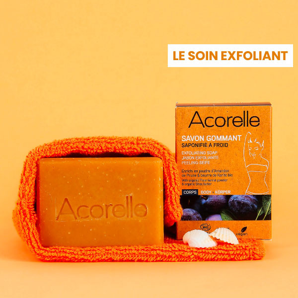 box avantages peau satinée savon gommant solide acorelle